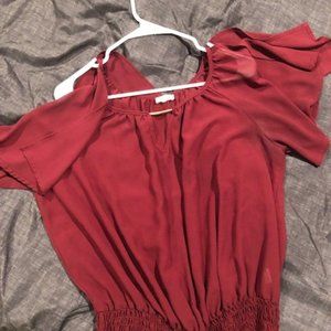 2 short sleeve shirts: 1 a maroon silk with cinched waist, 1a geo design